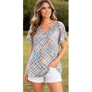 Zac & Rachel NWT Checkered Popover Blouse - Blue Pink Green Plaid Medium